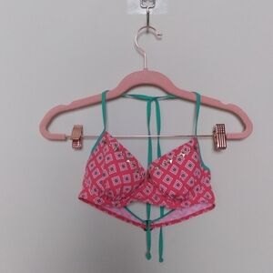 Hollister Coral Studded Geometric Print Halter Push Up Bikini Top Size Medium